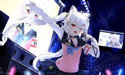 Rule 34 | 1girl, ;d, animal, animal ears, animal on shoulder, armband, artist name, black skirt, bow, braid, dated, fish hair ornament, floodlights, glowstick, hair bow, hair ornament, highres, holding, holding microphone, idol, long hair, long sleeves, microphone, multicolored hair, one eye closed, open mouth, original, pink bow, pink vest, red eyes, red hair, skirt, smile, snozaki, speaker, standing, star (symbol), star hair ornament, streaked hair, television, twintails, very long hair, vest, white hair