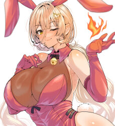 Rule 34 | 1girl, animal ears, bare shoulders, bell, blonde hair, blush, breasts, cleavage, closed mouth, elbow gloves, fake animal ears, fire, gloves, hair ornament, heart, heart hair ornament, highleg, highleg leotard, highres, jingle bell, large breasts, leotard, long hair, looking at viewer, nijisanji, nui sociere, one eye closed, playboy bunny, rabbit ears, rabbit tail, red gloves, red leotard, see-through, see-through cleavage, smile, solo, tail, virtual youtuber, wakura (gcdan), yellow eyes