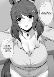 Rule 34 | 1girl, :d, animal ears, blush, breasts, cleavage, clip studio paint (medium), commentary, english commentary, english text, greyscale, hair ornament, hairclip, highres, horse ears, horse girl, horse tail, huge breasts, jewelry, light hello (umamusume), long hair, monochrome, open mouth, pendant, sheita, smile, solo, tail, umamusume