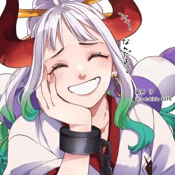 Rule 34 | 1girl, artist name, blush, clenched teeth, commentary request, cuffs, earrings, green hair, hair ornament, hair stick, hand on own cheek, hand on own face, handcuffs, highres, hoop earrings, horns, jewelry, long hair, multicolored hair, natsuki shio, one piece, oni, oni horns, rope, shimenawa, smile, solo, teeth, translation request, white hair, yamato (one piece)
