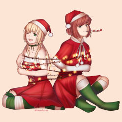 Rule 34 | 2girls, ;d, absurdres, artist name, bare arms, bare shoulders, blonde hair, brown hair, capelet, christmas, christmas lights, commentary, dress, english commentary, fur-trimmed capelet, fur trim, green eyes, green legwear, hair bobbles, hair ornament, hat, highres, ibarazaki emi, katawa shoujo, kneehighs, limach-an, long hair, looking at viewer, low twintails, mouth hold, multiple girls, no shoes, one eye closed, open mouth, party whistle, pom pom (clothes), red capelet, red dress, santa costume, santa hat, short hair, simple background, sitting, smile, socks, strapless, strapless dress, striped clothes, striped legwear, striped thighhighs, tezuka rin, thighhighs, twintails