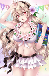 Rule 34 | 1girl, :d, arm up, bare arms, bare shoulders, bikini, black hairband, blush, book, breasts, brown hair, cleavage, collarbone, confetti, corrin (female) (fire emblem), corrin (female) (summer) (fire emblem), corrin (fire emblem), fire emblem, fire emblem fates, fire emblem heroes, flower, hair between eyes, hair flower, hair ornament, hairband, hand up, head tilt, highres, holding, holding book, kirishima riona, layered bikini, long hair, looking at viewer, medium breasts, navel, nintendo, official alternate costume, open mouth, pennant, purple flower, red eyes, smile, solo, standing, string of flags, swimsuit, very long hair, white bikini