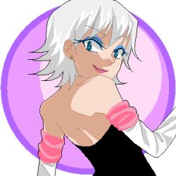 Rule 34 | 1girl, aliasing, aqua eyes, artist request, bare back, bare shoulders, blue eyes, earrings, eyeshadow, lip gloss, lips, looking at viewer, looking back, lowres, makeup, personification, pink lips, pink lips, rouge the bat, short hair, solo, sonic (series), source request, strapless dress, stud earrings, white hair