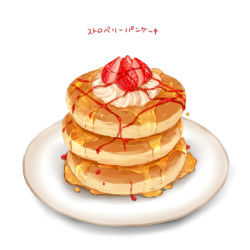 Rule 34 | commentary request, food, food focus, fruit, misuguu, no humans, original, pancake, plate, simple background, pancake stack, strawberry, syrup, translation request, whipped cream, white background