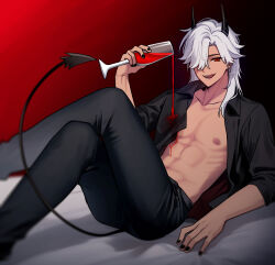 Rule 34 | 1boy, alcohol, black pants, black shirt, cup, cyno (genshin impact), dark-skinned male, dark skin, demon horns, demon tail, dherekim, drinking glass, earrings, genshin impact, grey hair, hair between eyes, hair over one eye, highres, horns, jewelry, long hair, male focus, muscular, muscular male, nipples, open clothes, open mouth, open shirt, pants, pouring, pouring onto self, red eyes, shirt, solo, tail, tongue, tongue out, wine, wine glass