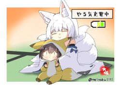 Rule 34 | 2girls, alternate costume, animal costume, animal ear fluff, animal ears, azur lane, battery indicator, black hair, blunt bangs, commentary request, crossover, detached sleeves, fox costume, fox ears, fox girl, fox tail, hair between eyes, head rest, historical name connection, hug, hug from behind, japanese clothes, kaga (battleship) (azur lane), kaga (kancolle), kantai collection, kitsune, kyuubi, long hair, long sleeves, looking at another, multiple girls, multiple tails, name connection, recharging, short hair, sidelocks, signature, simple background, sitting, sitting on lap, sitting on person, smile, tail, taisa (kari), tatami, translation request, twitter username, white hair, wide sleeves