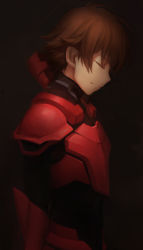 Rule 34 | 1boy, armor, brown background, brown hair, closed eyes, from side, highres, kakumeiki valvrave, liangxieyue, male focus, pilot suit, red armor, simple background, solo, tokishima haruto