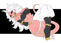 Rule 34 | 1girl, absurdres, android 21, anklet, areola slip, arm warmers, armlet, ass, ball gag, bandeau, bare shoulders, bdsm, black sclera, blunt-katana, bondage, boots, bound, breasts, chaps, cleavage, colored sclera, colored skin, commentary, curvy, dragon ball, dragon ball fighterz, earrings, elbow gloves, full body, gag, gagged, gloves, high heel boots, high heels, highres, hip focus, hood, jewelry, large breasts, long hair, looking at viewer, lying, majin android 21, navel, nipple piercing, nipple rings, nipple slip, nipples, panties, pantyshot, piercing, pink skin, pointy ears, red eyes, silver hair, solo, stomach, tail, thick thighs, thighs, toned, tongue, tongue out, underwear, wide hips