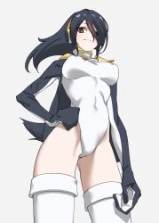 Rule 34 | 1girl, black hair, black jacket, breasts, brown eyes, commentary, covered nipples, drawstring, emperor penguin (kemono friends), grey background, hair over one eye, hand on own hip, headphones, highleg, highleg leotard, highres, impossible clothes, impossible leotard, jacket, kemono friends, large breasts, leotard, long hair, looking at viewer, multicolored hair, open clothes, open jacket, orange hair, simple background, smile, solo, streaked hair, tail, tanabe (fueisei), thighhighs, two-tone hair, white leotard, white thighhighs