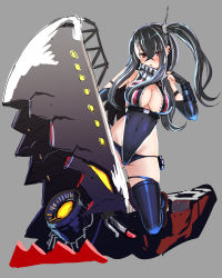 Rule 34 | 1girl, absurdres, azur lane, bandana, bandana over mouth, black bandana, black hair, black one-piece swimsuit, black panties, black thighhighs, breasts, center opening, crossed bangs, earrings, front zipper swimsuit, full body, grey background, hair over one eye, hey taisyou, highres, jewelry, large breasts, looking at viewer, meme attire, multicolored hair, non-humanoid robot, one-piece swimsuit, panties, panties under swimsuit, red eyes, robot, robot animal, side ponytail, simple background, skindentation, solo, streaked hair, swimsuit, thighhighs, two-tone hair, u-47 (azur lane), underwear, unzipped, white hair