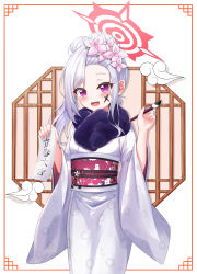 Rule 34 | 1girl, :d, absurdres, apple mango, blue archive, blush, braid, braided bun, calligraphy brush, commentary request, eyes visible through hair, facial mark, flower, grey hair, hair bun, hair flower, hair ornament, halo, highres, holding, holding brush, holding scroll, japanese clothes, kimono, long hair, long sleeves, looking at viewer, mutsuki (blue archive), mutsuki (new year) (blue archive), obi, official alternate costume, open mouth, paintbrush, parted bangs, pointy ears, purple eyes, sash, scroll, side ponytail, sidelocks, smile, solo, translation request, wide sleeves