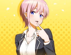 Rule 34 | 1girl, black jacket, blazer, blue eyes, blush, breasts, cleavage, collarbone, collared shirt, commentary request, go-toubun no hanayome, hair between eyes, hyoe (hachiechi), jacket, looking at viewer, nakano ichika, open clothes, open jacket, pink hair, polka dot, polka dot background, school uniform, shirt, short hair, solo, teeth, upper body, upper teeth only, white shirt, yellow background