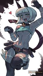 Rule 34 | 1girl, arm up, barefoot, belt buckle, belt pouch, blue eyes, blush, bob cut, breasts, buckle, cat girl, cleavage, collar, cowboy shot, crop top, dark-skinned female, dark skin, drooling, fingerless gloves, gloves, groin tendon, heart, highres, large breasts, looking down, midriff, ms. fortune (skullgirls), navel, neck bell, open mouth, paw pose, pouch, scar, short hair, skullgirls, smile, solo, sports bikini, tongue, tongue out, underboob, wersman, white background, white hair