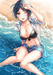 Rule 34 | 1girl, ;d, arm support, arm up, beach, bikini, black bikini, black hair, blue shorts, breasts, cherry blossoms, cleavage, collarbone, collared shirt, day, denim, denim shorts, dress shirt, front-tie bikini top, front-tie top, hayami kanade, highres, idolmaster, idolmaster cinderella girls, idolmaster cinderella girls starlight stage, kuguri oimo, looking at viewer, medium breasts, navel, one eye closed, open clothes, open mouth, open shirt, open shorts, outdoors, shirt, short hair, short shorts, shorts, sitting, smile, solo, swimsuit, unbuttoned, unbuttoned shirt, wet, wet clothes, wet shirt, white shirt, wing collar, yellow eyes