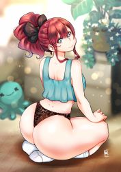 Rule 34 | 1girl, ass, ass focus, backboob, breasts, curvy, highres, huge ass, kenron toqueen, lingerie, looking back, original, panties, red hair, solo, thick thighs, thighs, tomatita, underwear, wide hips