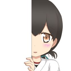 Rule 34 | 10s, 1girl, black hair, brown eyes, folded ponytail, japanese clothes, kantai collection, kasuga maru (kancolle), long hair, looking at viewer, nagineko, no gloves, open mouth, peeking out, short hair, solo, transparent background, upper body
