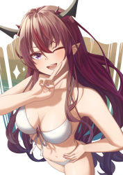Rule 34 | 1girl, absurdres, bikini, blush, breasts, cleavage, commentary, erezu, halterneck, highres, hololive, hololive english, horns, irys (hololive), long hair, looking at viewer, medium breasts, multiple horns, nail polish, navel, one eye closed, open mouth, pointy ears, purple eyes, purple hair, smile, solo, swimsuit, v, very long hair, virtual youtuber, white bikini