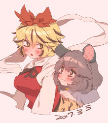 Rule 34 | 2girls, animal ears, blonde hair, blush, breasts, brown ribbon, closed mouth, dated, fang, grey hair, masanaga (tsukasa), medium breasts, mouse ears, multicolored hair, multiple girls, open mouth, red eyes, ribbon, shawl, short hair, simple background, streaked hair, touhou