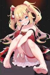 Rule 34 | 1girl, akai haato, akai haato (gothic lolita), bare arms, bare legs, bare shoulders, barefoot, black choker, blonde hair, blue eyes, breasts, bridal garter, cameltoe, choker, cleavage, commentary request, dress, full body, grin, hair ornament, hairclip, head tilt, heart, heart hair ornament, highres, hololive, large breasts, long hair, looking at viewer, o-hako, panties, pantyshot, petticoat, red dress, sidelocks, sitting, smile, soles, solo, strap slip, teeth, toes, twintails, underwear, virtual youtuber, white panties, x hair ornament