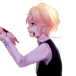 Rule 34 | 10s, 1boy, aged down, blonde hair, blood, blue eyes, child, diabolik lovers, fangs, formal, from side, half-closed eyes, holding hands, male focus, manmosu, open mouth, petite, profile, rejet, sakamaki shuu, smile, solo focus, twitter username, upper body, vampire