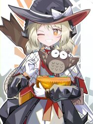 Rule 34 | 1girl, absurdres, arknights, black hat, black jacket, bow, capelet, center frills, dress, frills, gloves, grin, hat, hat bow, highres, holding, ifrit (arknights), jacket, light brown hair, long sleeves, looking at viewer, low twintails, one eye closed, orange eyes, puffy long sleeves, puffy sleeves, smile, solo, spam (spamham4506), twintails, white bow, white capelet, white dress, white gloves, witch hat
