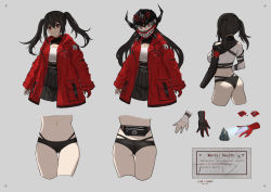 Rule 34 | 1girl, absurdres, aer7o, ass, black hair, black skirt, breasts, cleavage, cropped legs, cropped torso, english text, fake horns, gloves, gluteal fold, grey background, helm, helmet, highres, horned helmet, horns, jacket, long hair, long sleeves, looking at viewer, medium breasts, multiple views, open clothes, open jacket, original, pleated skirt, red eyes, red gloves, red jacket, shirt, simple background, skirt, sleeves past wrists, thigh gap, twintails, white shirt