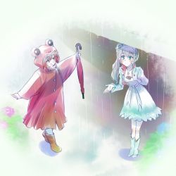 Rule 34 | 2girls, blue eyes, boots, check commentary, commentary request, flower, frog raincoat, grey eyes, highres, hydrangea, iesupa, multiple girls, rain, raincoat, red hair, rubber boots, ruby rose, rwby, scar, scar across eye, scar on face, umbrella, water drop, weiss schnee, white hair