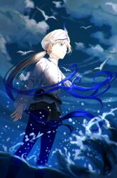 Rule 34 | 1boy, arms at sides, asa tuki 893, belt, bird, black shorts, blonde hair, blue eyes, blue hair, blue pantyhose, blue sky, blunt bangs, captain nemo (fate), closed mouth, cloud, cloudy sky, dutch angle, expressionless, fate/grand order, fate (series), feet out of frame, floating hair, from below, gradient hair, hat feather, highres, jacket, long hair, looking ahead, low twintails, male focus, multicolored hair, nemo (fate), ocean, outdoors, pantyhose, pantyhose under shorts, sea spray, seagull, shade, short shorts, shorts, sidelocks, sky, solo, standing, turban, twintails, twitter username, very long hair, wading, waves, white headwear, white jacket