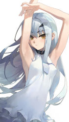 Rule 34 | 1girl, absurdres, armpits, breasts, dress, melusine (fate), fate/grand order, fate (series), highres, long hair, looking at viewer, simple background, small breasts, solo, white background, white dress, white hair, yellow eyes, zhoi star