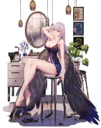 Rule 34 | 1girl, ark order, bare arms, bare legs, bare shoulders, barefoot, blush, breasts, character request, cleavage, commentary request, feathered wings, feathers, feet, full body, hand in own hair, highres, large breasts, long hair, looking at viewer, mirror, nail polish, sandals, unworn sandals, silver hair, sitting, solo, tattoo, thighs, toenail polish, toenails, underwear, wings, yellow eyes, you ni ge shaobing