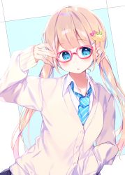 Rule 34 | 1girl, arm up, blue necktie, blush, cardigan, chikuwa., collarbone, collared shirt, commentary request, diagonal-striped clothes, diagonal-striped necktie, diagonal-striped neckwear, fingernails, glasses, grey cardigan, hair ornament, hand in pocket, head tilt, highres, light brown hair, long hair, long sleeves, looking at viewer, low twintails, necktie, original, parted lips, red-framed eyewear, shirt, sleeves past wrists, solo, star (symbol), star hair ornament, striped clothes, striped necktie, striped neckwear, twintails, very long hair, white shirt