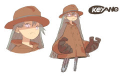 Rule 34 | 1girl, 999knight, chainsaw, coat, fedora, female focus, full body, gloves, grey hair, hat, long hair, original, prosthesis, serious, simple background, solo, trench coat, white background
