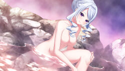 1girl breasts casual_nudity completely_nude ginjou_nanami hair_bun hair_tie highres large_breasts no_nipples nude omega_labyrinth_life onsen purple_eyes rock smile u35 white_hair