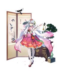 Rule 34 | 1girl, absurdres, ahoge, bell, bonsai, book, book stack, branch, cabinet, chinese knot, coat, counter:side, cowlick, earrings, flats, floral print, flower, flower earrings, folding screen, frilled skirt, frills, full body, gaeun (counter:side), gradient clothes, hair flower, hair ornament, hanbok, highres, holding, holding branch, ikebana, jewelry, korean clothes, long hair, looking at viewer, lotus, magpie, medium skirt, official alternate costume, official art, painting (object), pantyhose, petals, pine tree, pink coat, plum blossoms, pouch, red footwear, red pouch, red skirt, skirt, smile, solo, standing, tachi-e, tassel, transparent background, tree, v-shaped eyebrows, vase, very long hair, white flower, white hair, white pantyhose, yellow eyes