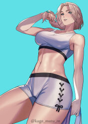 Rule 34 | 1girl, absurdres, aqua background, bare arms, bare shoulders, blush, breasts, commentary request, green eyes, highres, holding, kagematsuri, large breasts, light brown hair, long hair, navel, original, parted lips, simple background, solo, sports bra, stomach, thighs, twitter username, white sports bra