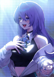 Rule 34 | 1girl, :d, absurdres, area 15, bare shoulders, black choker, blouse, breasts, choker, crop top, hair between eyes, hand on own chest, highres, hololive, hololive indonesia, large breasts, long sleeves, looking away, midriff, mikan (chipstar182), moona hoshinova, nail polish, open clothes, open mouth, open shirt, purple eyes, purple hair, purple nails, shirt, smile, solo, teeth, tongue, upper body, upper teeth only, virtual youtuber, white shirt