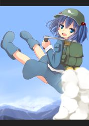 Rule 34 | 1girl, backpack, bag, blue eyes, blue hair, blush, boots, female focus, flying, hair bobbles, hair ornament, hat, ixen-fei, jetpack, kawashiro nitori, key, letterboxed, long hair, matching hair/eyes, open mouth, randoseru, skirt, smile, solo, touhou, twintails, two side up
