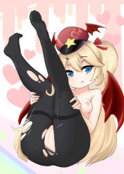 Rule 34 | 1girl, :q, absurdres, ass, bad id, bad pixiv id, black pantyhose, blonde hair, blue eyes, blush, bow, cleft of venus, closed mouth, demon wings, dorsiflexion, girls&#039; frontline, hair between eyes, hair bow, hat, head tilt, heart, heart background, highres, long hair, looking at viewer, nipples, no panties, no pants, no shoes, note2000, pantyhose, peaked cap, pussy, red bow, red hat, red wings, smile, solo, star (symbol), super-shorty (girls&#039; frontline), thighband pantyhose, tongue, tongue out, topless, torn clothes, torn pantyhose, two side up, very long hair, white background, wings
