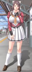 Rule 34 | 00s, 1girl, aqua eyes, bag, between breasts, blazer, blurry, blush, breasts, brown footwear, brown hair, cleavage (game), cloud, contrapposto, cross, day, depth of field, empress (studio), game cg, green eyes, grey hair, hair ribbon, hand on own face, highres, huge breasts, jacket, juliet sleeves, charm (object), kneehighs, large breasts, loafers, long hair, long sleeves, looking at viewer, miniskirt, naughty face, necktie, open clothes, open shirt, outdoors, parted bangs, pleated skirt, ponytail, puffy sleeves, ribbon, sailor collar, satchel, school bag, school uniform, sei shoujo, serafuku, shadow, shirt, shoes, sidelocks, skirt, sky, smile, socks, solo, standing, toudou erika, train station, white skirt, white socks