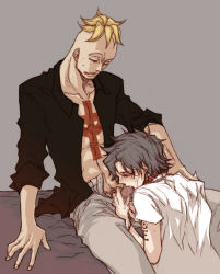 Rule 34 | 2boys, black hair, black shirt, blonde hair, censored, collared shirt, fellatio, freckles, jewelry, kneeling, male focus, marco (one piece), multiple boys, necklace, one piece, open clothes, open fly, open shirt, oral, portgas d. ace, shirt, sitting, tattoo, unzipped, yaoi