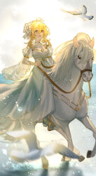 Rule 34 | 1girl, alternate costume, beach, bird, blonde hair, breasts, chestnut mouth, covered collarbone, day, dress, flower, genshin impact, gold trim, hair flower, hair ornament, highres, holding, holding reins, horse, horseback riding, looking ahead, lumine (genshin impact), medium breasts, ocean, open mouth, puffy short sleeves, puffy sleeves, reins, riding, seagull, see-through, see-through sleeves, short sleeves, solo, stirrups (riding), sunlight, two-tone dress, water drop, white dress, white horse, wide sleeves, yaner 10, yellow eyes