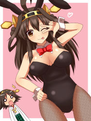 Rule 34 | 10s, 2girls, ;), ;p, ^^^, animal ears, bad id, bad pixiv id, bow, bowtie, breasts, brown eyes, brown hair, cleavage, detached collar, fake animal ears, fishnet pantyhose, fishnets, hairband, haniwagi (hal), hiei (kancolle), kantai collection, kongou (kancolle), large breasts, long hair, multiple girls, o o, one eye closed, pantyhose, personification, playboy bunny, rabbit ears, rectangular mouth, smile, tongue, tongue out, v over eye, wink, wrist cuffs