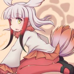 Rule 34 | 10s, 1girl, black hair, female focus, gradient hair, grey hair, highres, japanese crested ibis (kemono friends), kemono friends, multicolored hair, open mouth, pantyhose, red hair, red pantyhose, sitting, solo, tail, wariza, yellow eyes, yoshi (crossmind)