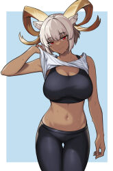 Rule 34 | 1girl, animal ears, arknights, bare arms, bare shoulders, black pants, breasts, carnelian (arknights), clothes lift, commentary, cowboy shot, crop top, fangs (fangs art), head tilt, highres, horns, large breasts, leggings, looking at viewer, midriff, navel, pants, red eyes, shirt, shirt lift, short hair, smile, solo, sports bra, standing, stomach, thighs, white hair, white shirt