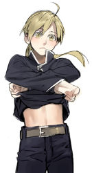Rule 34 | 1boy, alphonse elric, androgynous, belt, black shirt, blonde hair, blush, expressionless, fullmetal alchemist, long hair, looking away, male focus, navel, noako, pants, ponytail, shirt, simple background, solo, solo focus, stomach, white background, yellow eyes