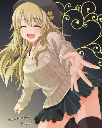 Rule 34 | 1girl, ^ ^, aran sweater, beret, black thighhighs, blonde hair, bra strap, breasts, cable knit, character name, closed eyes, happy, happy birthday, hat, hoshii miki, idolmaster, idolmaster (classic), large breasts, long hair, miniskirt, open mouth, outstretched hand, skirt, smile, solo, sweater, tayu (yuntayu), thighhighs