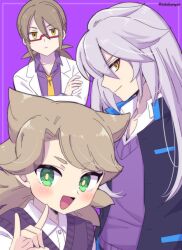 Rule 34 | 3boys, blush, crossed arms, fox shadow puppet, glasses, green eyes, kitsune, kyuubi, kyuubi (youkai watch), kyuubi ryuusuke, looking at viewer, male focus, multiple boys, multiple tails, necktie, open mouth, purple background, purple shirt, science teacher (youkai watch), shirt, simple background, sweater vest, tabana, tail, twitter username, yellow necktie, youkai (youkai watch), youkai watch, youkai watch jam: youkai gakuen y