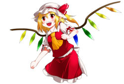 Rule 34 | 1girl, :d, ascot, blonde hair, blush, crystal, eichi yuu, female focus, flandre scarlet, hat, hat ribbon, no legs, open mouth, puffy sleeves, red eyes, ribbon, short hair, short sleeves, side ponytail, simple background, smile, solo, touhou, white background, wings