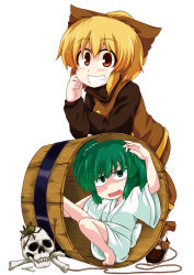 Rule 34 | 2girls, bad id, bad pixiv id, blonde hair, blush, bone, bow, brown eyes, bucket, bug, d-so, female focus, green eyes, green hair, grin, hair bobbles, hair bow, hair ornament, in bucket, in container, kisume, kurodani yamame, long sleeves, multiple girls, open mouth, rope, short hair, skull, smile, spider, sweatdrop, touhou, twintails, wide sleeves