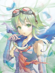 Rule 34 | 1girl, beamed quavers, cape, elbow gloves, feathers, finger to mouth, gloves, goggles, green eyes, green hair, gumi, matching hair/eyes, musical note, parted lips, quaver, short hair with long locks, solo, suishougensou, vocaloid